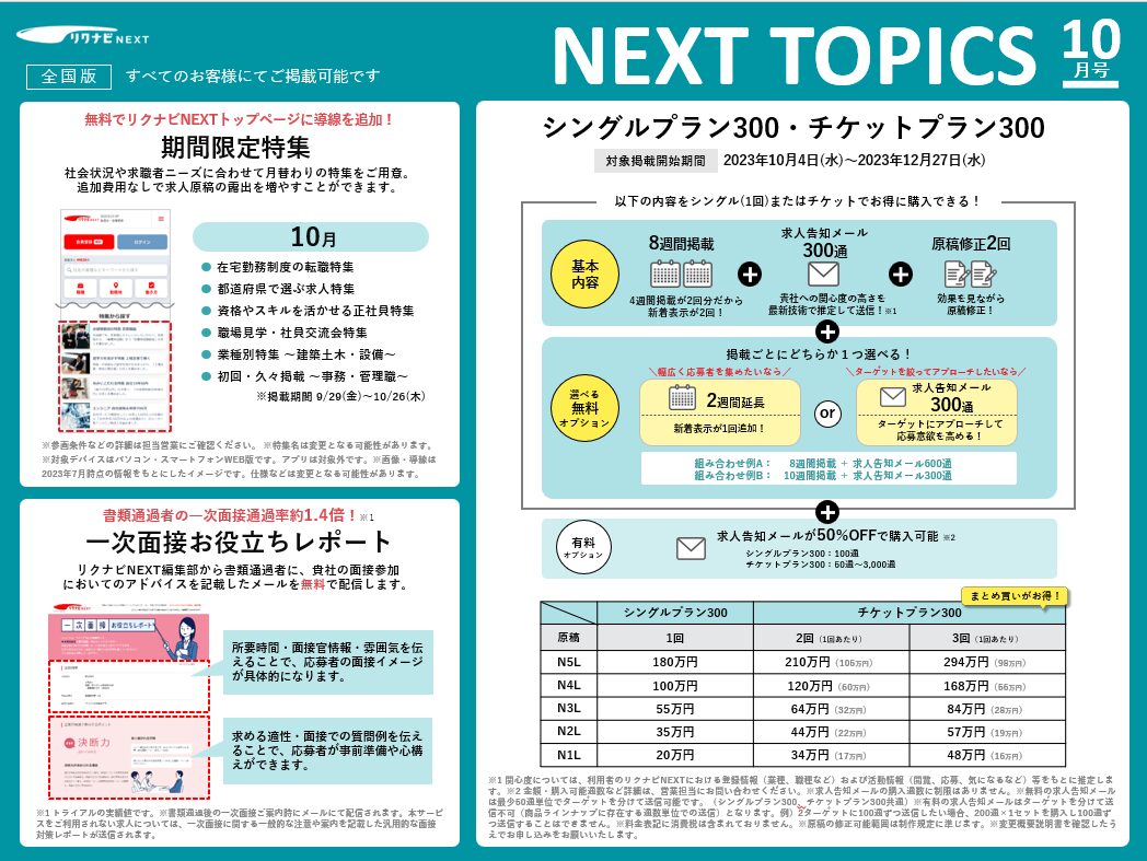 リクナビNEXT　掲載料金表　シングルプラン