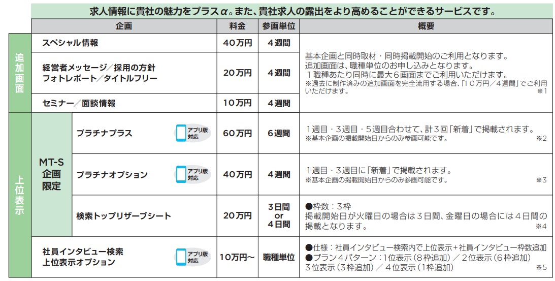 マイナビ転職人気オプション料金表