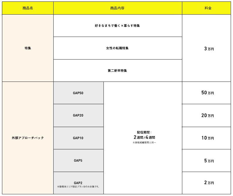 リクナビNEXTパンフレット集客オプション料金表